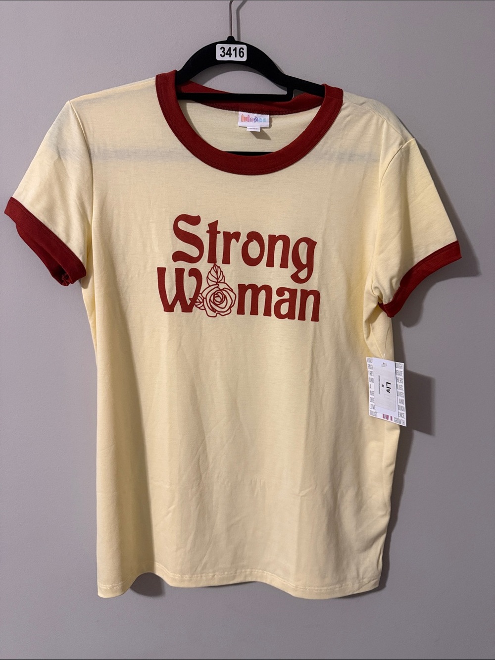 LuLaRoe Yellow Ringer Tee with Red Graphic